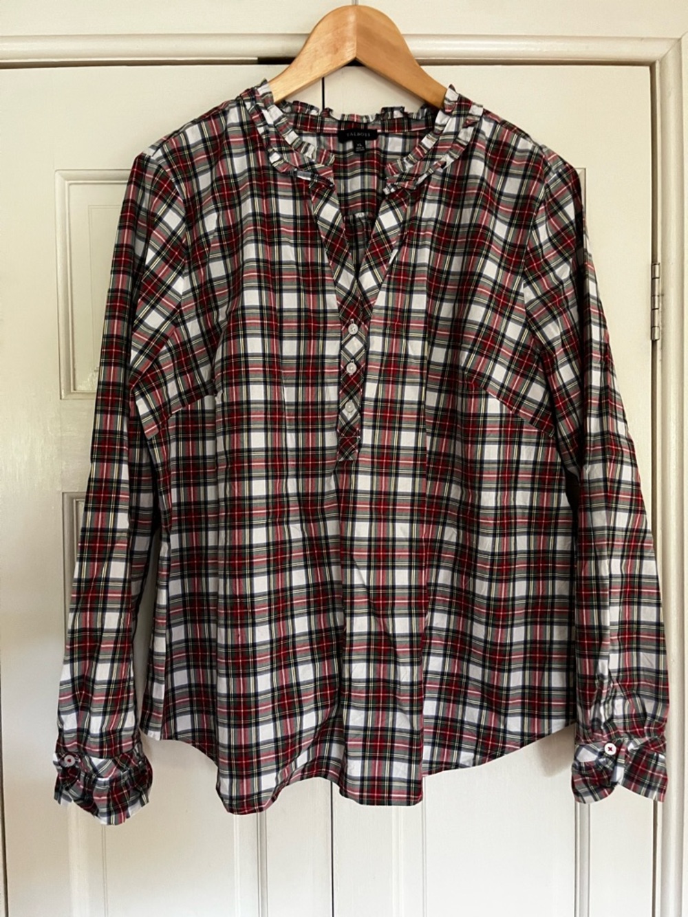 Talbots Red Black White Plaid Ruffle-Collar Button Down Shirt